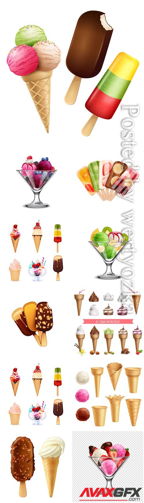 Ice cream platter, chocolate and vanilla ice cream with berries in vector