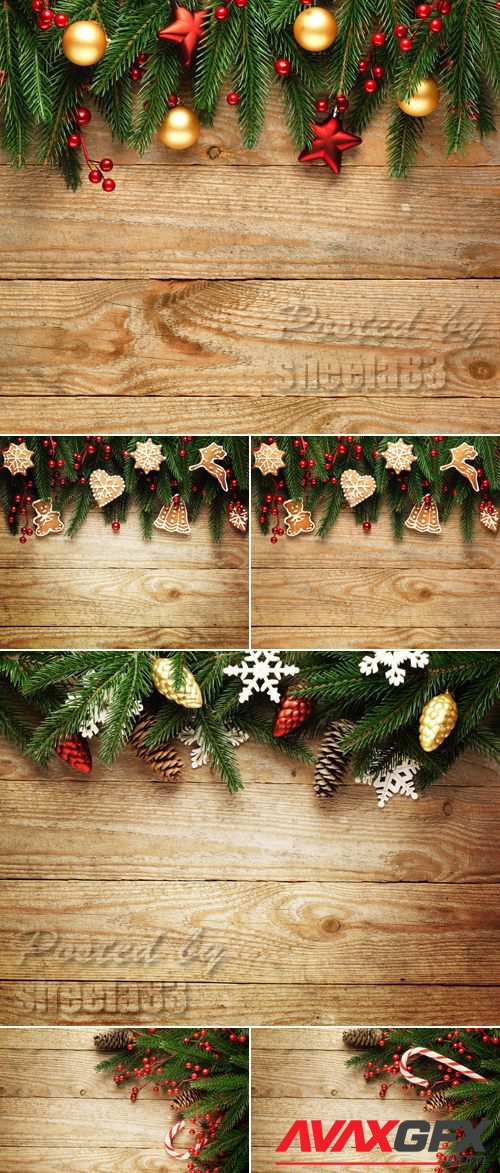 Stock Photo - Christmas Decorations on Wooden Background 7