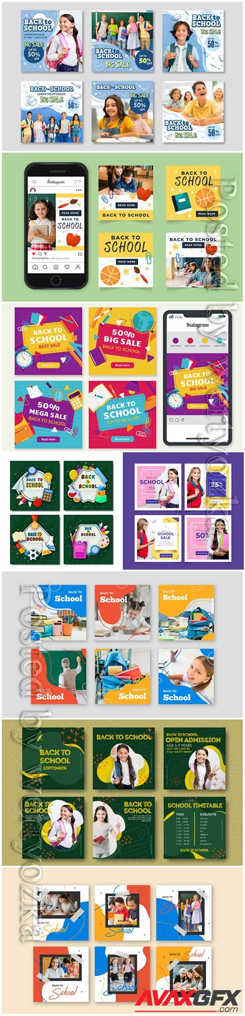 Hand drawn back to school instagram post collection vector illustration