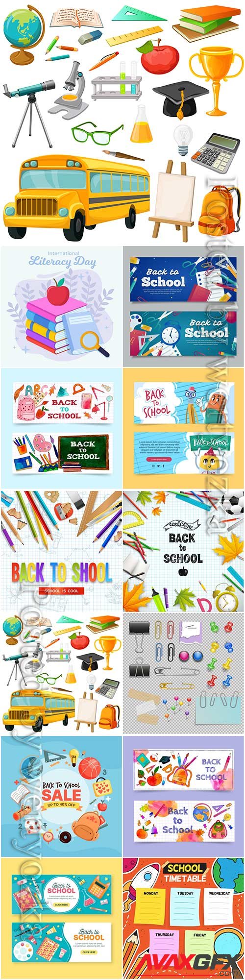 School set and stationery vector illustration