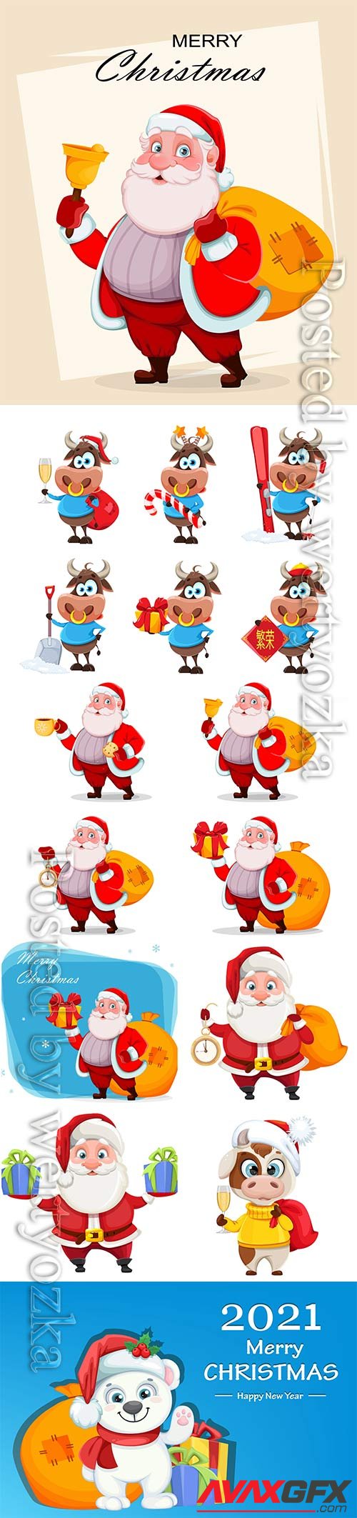 Merry christmas and happy new year, vector cheerful santa claus