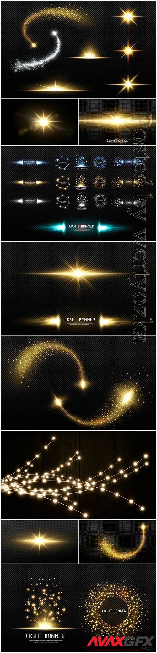 Golden light comet, magic light line, gold star vector element