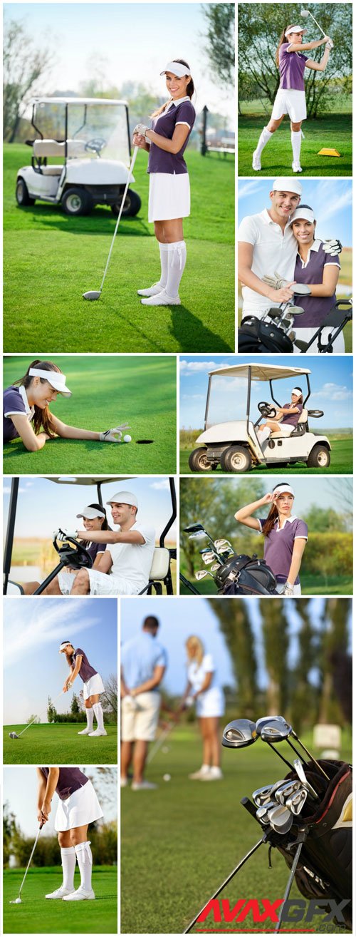 Golf, man and woman on golf course stock photo