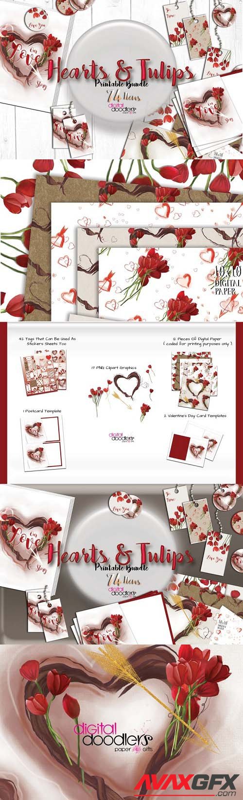 Hand Painted Hearts & Tulips Bundle - 54020 - Cupid Hearts Watercolor Bundle