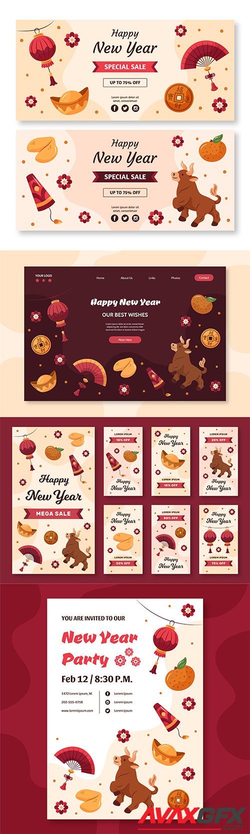 Hand-drawn instagram stories, banner,landing page collection chinese new year ox