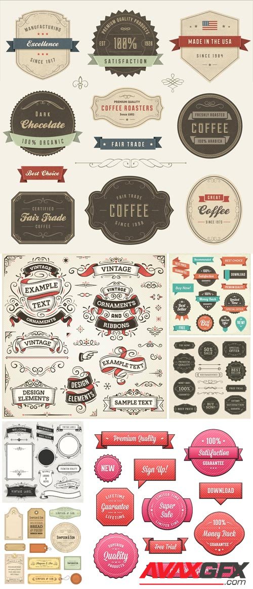 Vintage labels, ribbons and stickers in vector