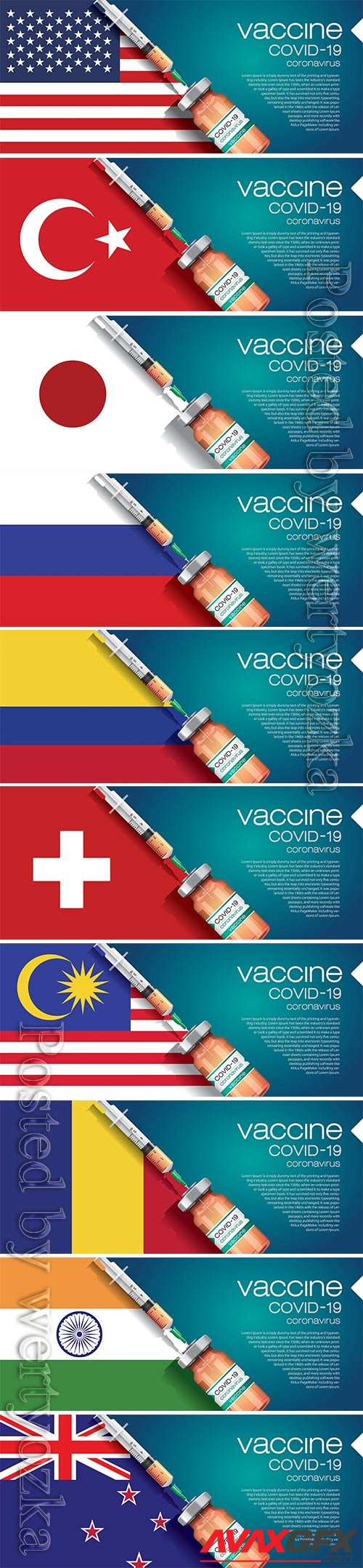 3D corona vaccine illustration and country flag concept