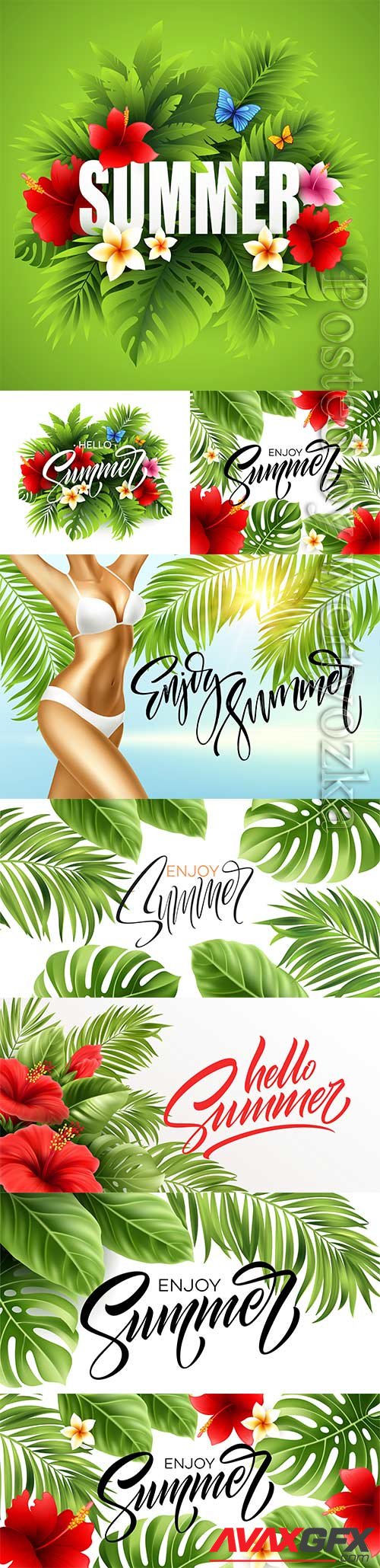Summer poster with tropical palm leaf and handwriting lettering