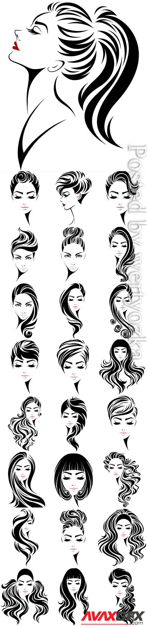 Drawn faces of girls with different hairstyles in vector