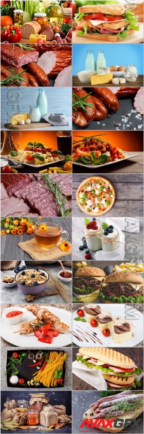 Pastry, meat, fruits, dairy products - set stock photo
