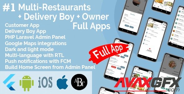 CodeCanyon - Multi-Restaurants Flutter App v2.1.1 + Delivery Boy App + Owner App + PHP Laravel Admin Panel + Web Site - 28949278