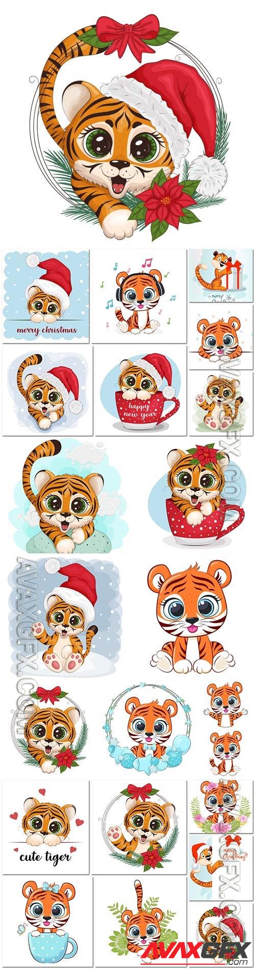 New year card, cute cartoon tiger, christmas, 2022 vector illustration