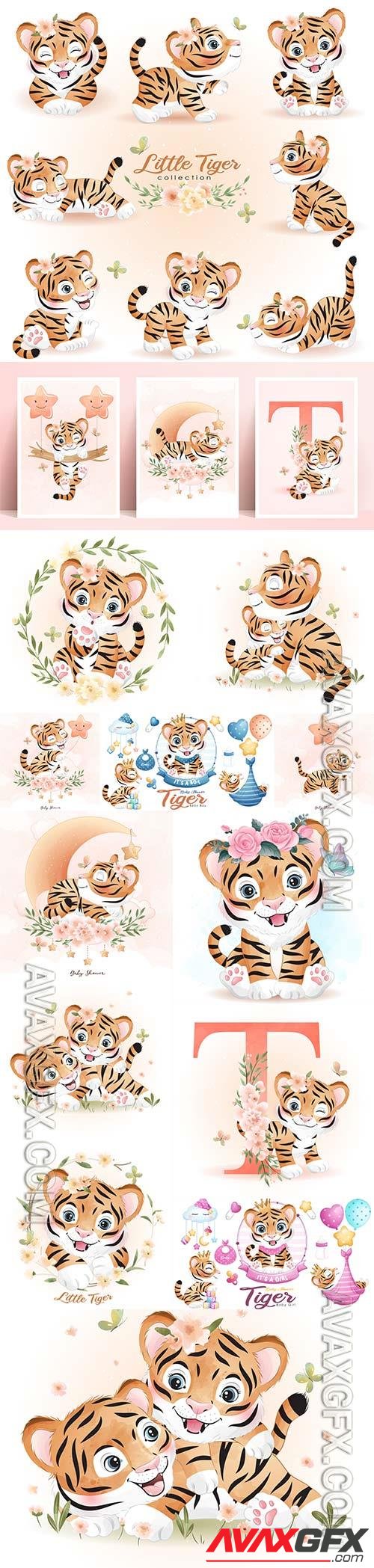 Cute doodle tiger with watercolor illustration set premium vector