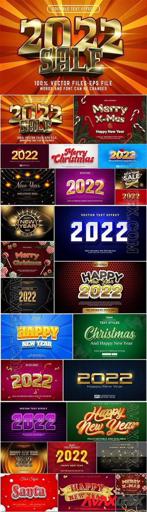 Happy new year, christmas, 2022 3d text editable style effect vector template set