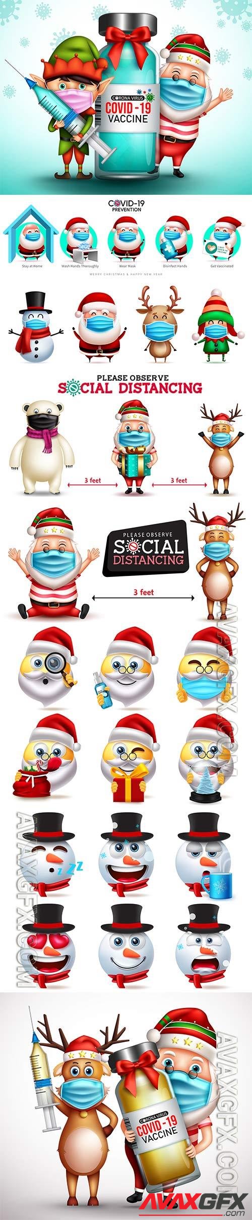 Christmas vaccine vector design christmas 3d santa claus and elf characters vector