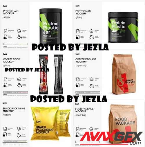 NVMmockup Shop Mockup Bundle 01 - Coffee and Food Paper Bag, Protein Jar, Snack Mockup