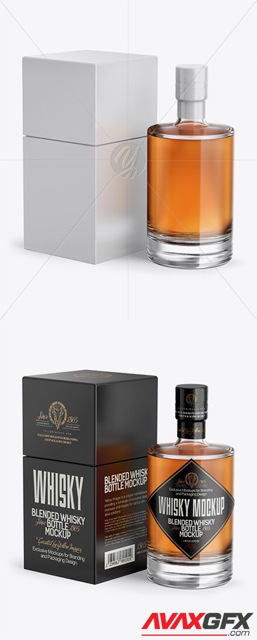 Clear Glass Whiskey Bottle & Box Mockup - Half Side View 21569