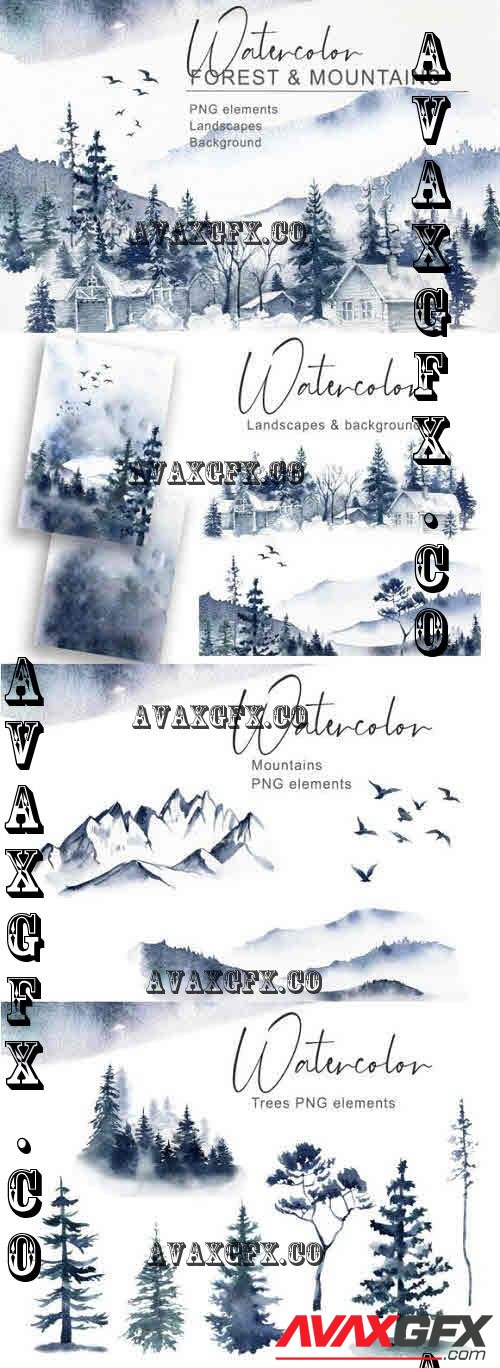 Watercolor Forest & Mountain clipart. Winter landscape - 2346142
