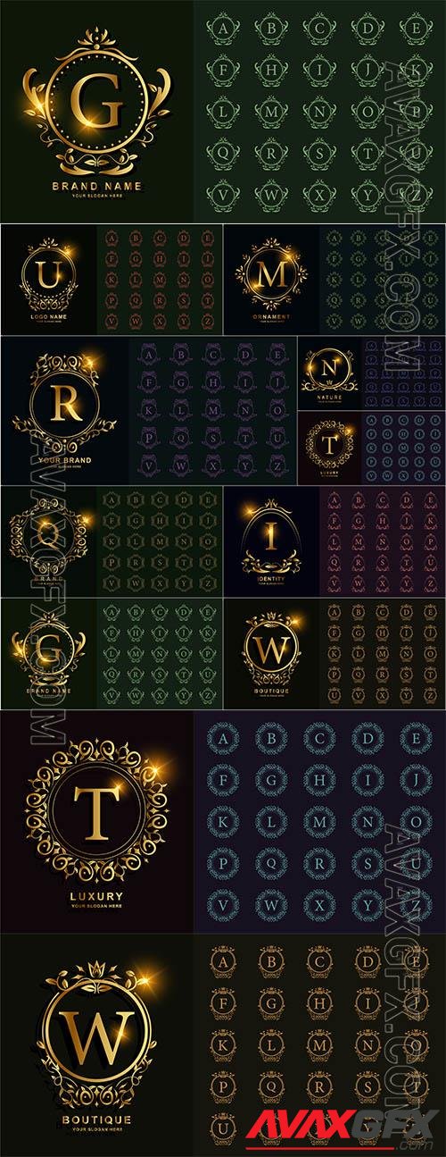 Letter initial alphabet, luxury ornament, floral frame, golden logo