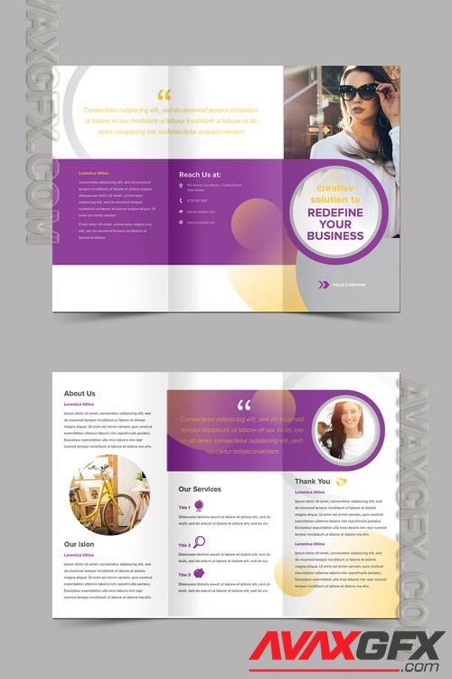 Adobestock - Trifold Brochure with Circle Shapes and in Yellow and Purple Accents 522597366