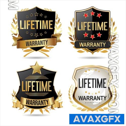 Vector collection of warranty guaranteed gold and black labels on white background